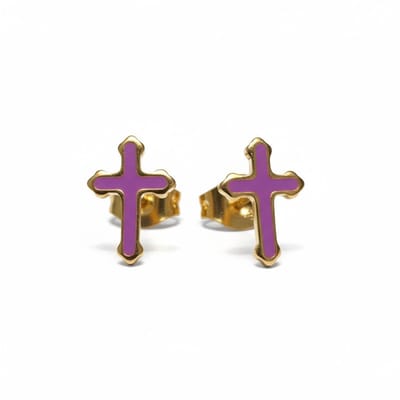 Aramat Jewels | Oorbellen | Goudkleurige Kruisjes Oorbellen Met Emaille Afwerking | Paars | |8mm | Staal | Kinderen, Volwassenen | Verkleurd niet
