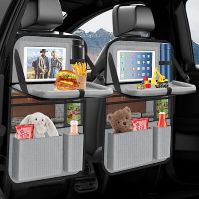 Famanu – Auto-organizer - 2 stuks - grote rugleuningbescherming - voor auto - kinderen - multifunctioneel - waterdicht - achterbank-organizer met klaptafel - tablettas en vele zakken - grijs/zwart