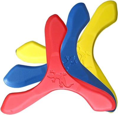 Schuim Boemerang - Vliegend Speelgoed - Buiten Spelen - Veilig Scheurvast Materiaal - 31 cm - Blauw Geel Rood