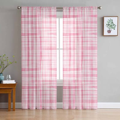 Aquarel Geruit Roze Tule Raamgordijnen voor Slaapkamer Luxe Huisdecoratie Draperieën in Woonkamer Chiffon Panelen 135W x 213H(cm)