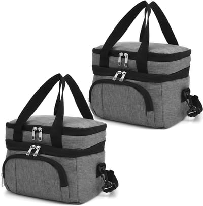 2-Stuks- Geïsoleerde Koeltas - Lunchtas Dubbellaagse Opslag - 12 L Picknicktas - Slijtvast 600D Oxford Materiaal - Warmte / Koude Retentie 12 uur - Lekvrij / Waterdicht / Stofdicht - Drank, moedermelk, lunch, fruit Bewaren - Grijs
