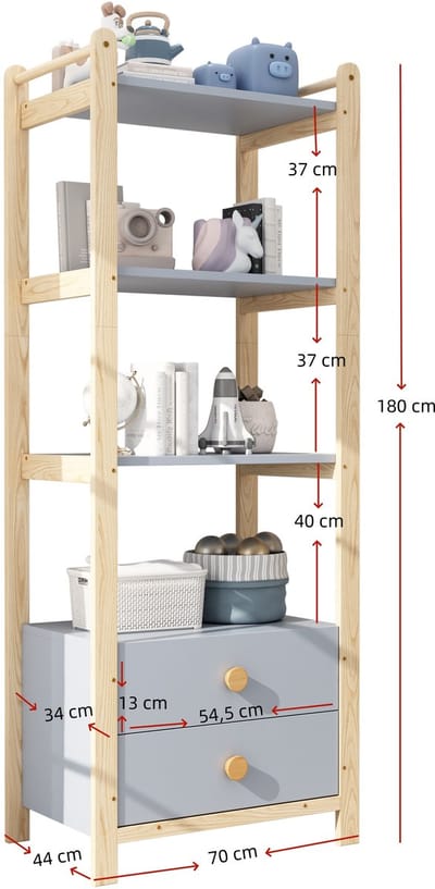 FloraGrace Boekenkast - 4 Niveaus En 2 Laden - Voor Woonkamer En Slaapkamer - Hout En MDF - 70x45x180,5 Cm - Blauw