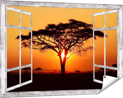 Gards Tuinposter Doorkijk Zonsondergang Achter een Savanne Boom - 120x80 cm - Tuindoek - Tuindecoratie - Wanddecoratie buiten - Tuinschilderij