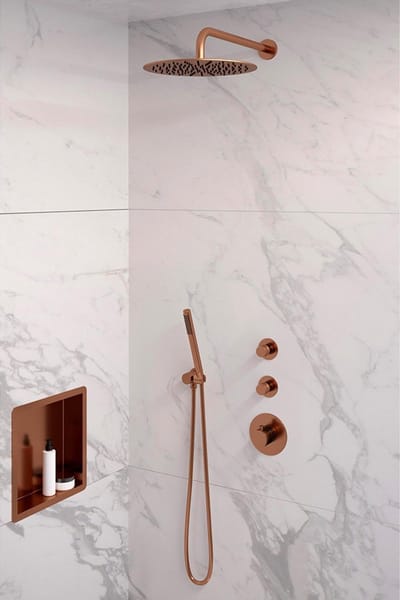 Brauer Copper Edition thermostatische inbouw regendouche SET 04 met 30 cm douchekop en gebogen muurarm en staaf handdouche en doucheslang en wandaansluitbocht koper geborsteld PVD