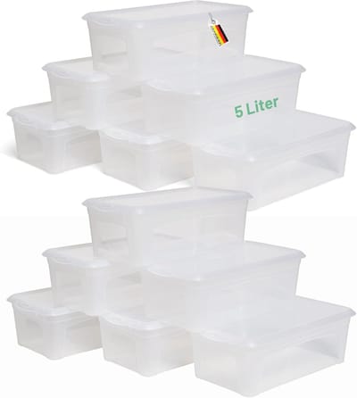 12x opbergdozen met deksel 5L transparante dozen stapelbaar nestbaar opbergdozen met clipsluiting kunststof BPA-vrij 34x19x11 cm