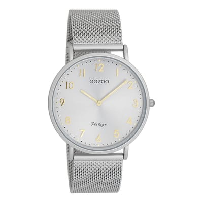 OOZOO Vintage series - Licht grijze horloge met licht grijze metalen mesh armband - C20379