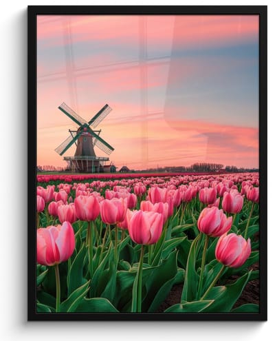 Poster in lijst - Fotolijst 50x70 cm - Posters - Tulpen - Molen - Nederland - Posterlijst zwart - Decoratie - Wanddecoratie woonkamer - Muurdecoratie slaapkamer