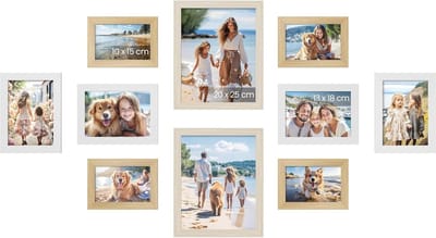 Famanu - Set van 10 fotolijsten, twee van 20 x 25 cm, vier van 13 x 18 cm, vier van 10 x 15 cm, kunststof voorkant, MDF, natuurlijk eiken, wolkenwit, natuurlijk beige RPF310K02
