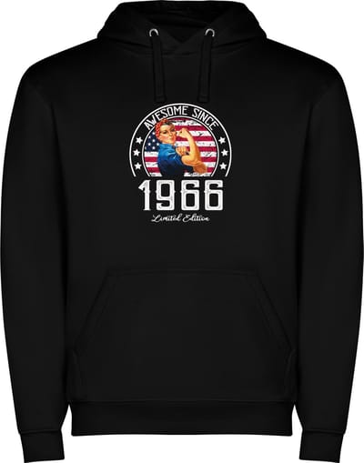 Zwarte unisex hoodie met “ Kleurrijke Awesome Since 1966 Limited Edition – Leeftijd – Verjaardag “ Print Full Color Color merk Roly maat S