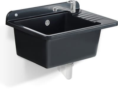 GOSPO Gootsteen van polystyreen, 50,5 x 34,5 cm, spoelbak met legplank, wastafel voor werkplaatsen, garages en bijkeuken (zwart, met kraan)