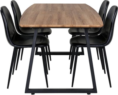 IncaNABL eethoek eetkamertafel uitschuifbare tafel lengte cm 160 / 200 el hout decor en 4 Polar eetkamerstal PU kunstleer zwart PU kunstleer.