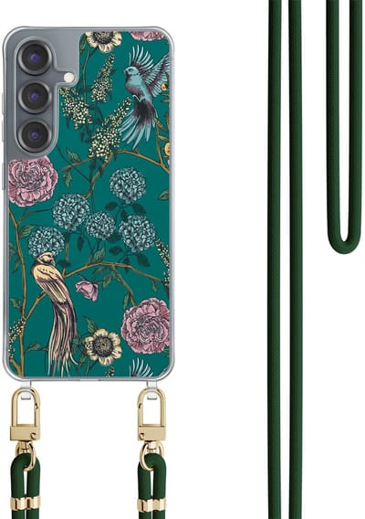 Hoesje met koord geschikt voor Samsung Galaxy S25 - Vogels Japanse bloemen - Inclusief Groen koord - Crossbody beschermhoes - Transparant, Groen - Mooie Telefoonhoesjes