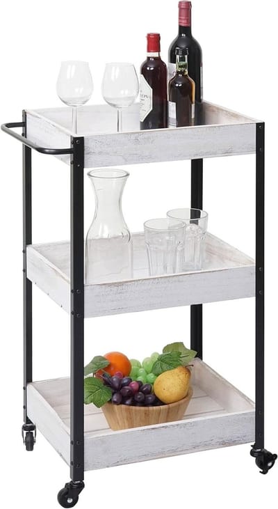 Serveertrolley - Keukentrolley Bijzetwagen - Extra Opbergruimte - Vier Verrijdbare Wielen - 79 x 47 x 31 cm - Shabby Wit