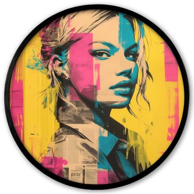 Poster in lijst Rond - Fotolijst 40x40 cm - Posters - Vrouw - Verfstrepen - Gekleurd - Ronde posterlijst zwart - Decoratie - Wanddecoratie woonkamer - Muurdecoratie slaapkamer