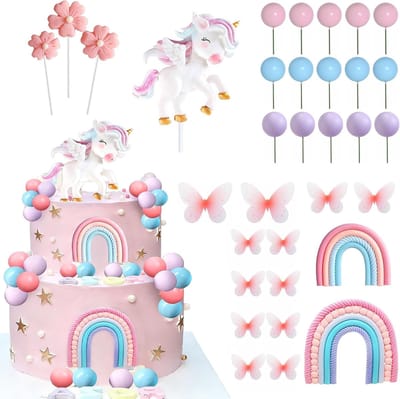 33 Stuks Eenhoorn Taartdecoraties voor Verjaardagen en Babyshowers, Inclusief 3D Elementen zoals Eenhoorns, Regenbogen en Vlinders