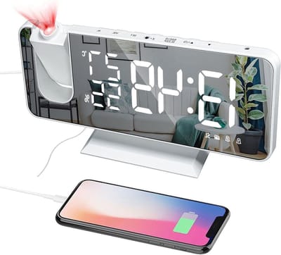 Digitale Wekker - Projectiewekker Spiegel - Wakker Worden - Dubbele Alarmen USB Poort - 18.8 cm - Wit