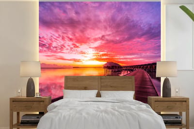 Behang - Fotobehang Steiger - Water - Zon - Roze - Horizon - Breedte 220 cm x hoogte 220 cm