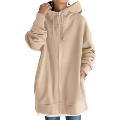 Veste Hoodie Longue zippée pour femme avec cordon de serrage Sweatshirt Tunique Couleur Unie Cardigan Ouvert Automne Hiver Pull à Capuche Utilisation Pratique S kaki