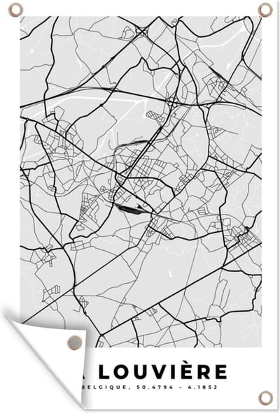 Muurdecoratie Stadskaart – Zwart Wit - Kaart – La Louvière – België – Plattegrond - 120x180 cm - Tuinposter - Tuindoek