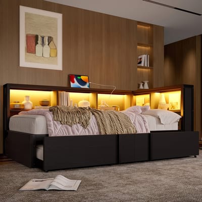 MODENUIT Metalen slaapbank 90x200 cm – Zonder matras – Uitschuifbed met 5 opbergkasten, led-hoofdbord, laadpunt – Zwart