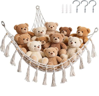 Handgeweven hangmat - 100*100*120 cm - Geweven opbergnet voor knuffels - Driehoekig net - Hoeknet - Opberghangmat - Geschikt voor hoeken - Geschikt voor babykamers en slaapkamers - Opbergnet voor speelgoed - Inclusief bevestigingsmateriaal