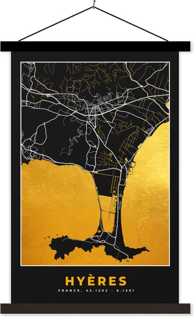 Posterhanger incl. Poster 40x60 cm - Schoolplaat - Plattegrond – Hyères – Stadskaart – Kaart – Frankrijk - Textielposter - Zwarte latten - Stadskaart