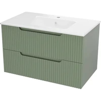 Aurlane Wastafelonderkast Emilien 50cm - Olijfgroen Mat - Met 2 Lades - Met Mat Witte Wastafel