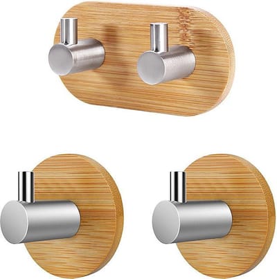 DWIH® - Zelfklevende Haakjes van Bamboe en RVS - Ophanghaken - Zelfklevend - Handdoekhaakjes - Badkamer - Set van 3 - Bamboo - RVS