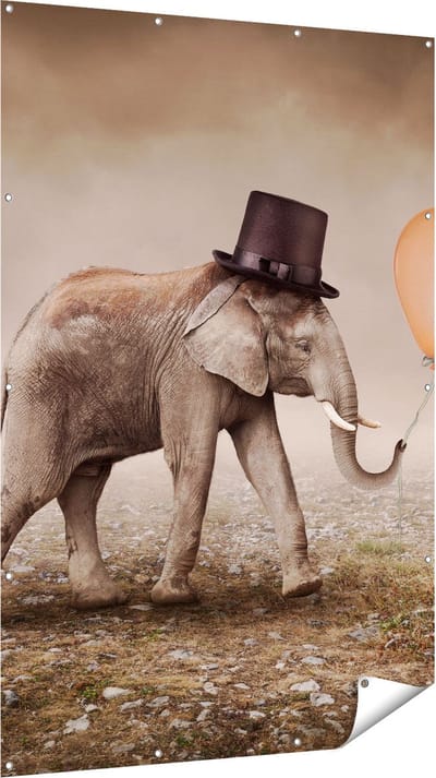 Gards Tuinposter Olifant met een Oranje Ballon - Hoedje - 120x180 cm - Tuindoek - Tuindecoratie - Wanddecoratie buiten - Tuinschilderij