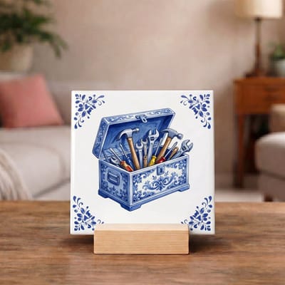 Delftsblauw Tegeltje 11x11 Gereedschapskist – Klusser Cadeau