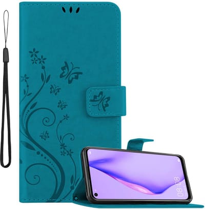 Cadorabo Hoesje geschikt voor Huawei P40 LITE 5G / NOVA 7 SE in BLOEMEN BLAUW - Beschermhoes in bloemmotief met magnetische sluiting, standfunctie en kaartsleuven Book Case Cover Etui