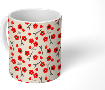 Mok - Koffiemok - Patronen - Parijs - Eiffeltoren - Bloemen - Mokken - 350 ML - Beker - Koffiemokken - Theemok