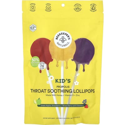 Beekeeper's Naturals, Kinderen Propolis Keelverzachtende Lolly, Gemengde Bes met Groene Appel, Aardbei + Vlierbes, 15 Stuks