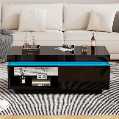 Moderne hoogglans salontafel met LED-verlichting - 100x50x40,3 cm - bijzettafel met lade - zwart
