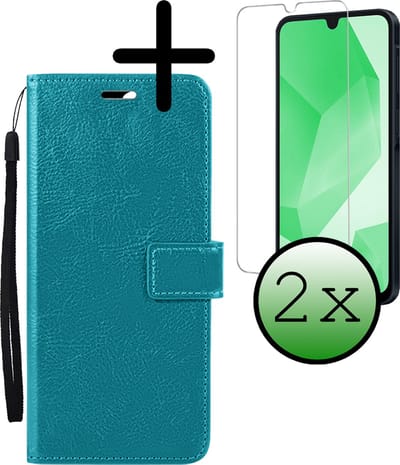 Hoesje Met 2x Screenprotector - Geschikt voor Samsung Galaxy A16 - Luxe Pasjeshouder - Bookcase Portemonee - Flip Case - Kunstleer Book Case - Flipcase Hoes - Book Cover - Walletcase - Portemonneehoes - Turquoise