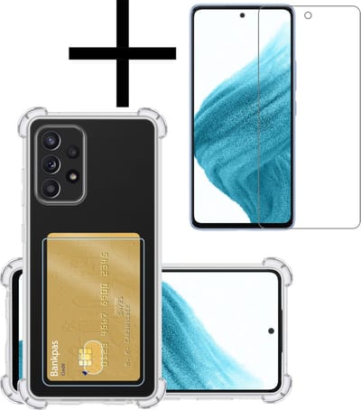 Hoesje - Geschikt voor Samsung Galaxy A53 - Met Screenprotector - En Pashouder - En Kaarthouder - Telefoon Hoes Shockproof - Siliconen Case - Back Cover - Shock Proof - Pasjes Houder - Transparant