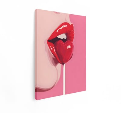 Artaza Canvas Schilderij Rode Lippen - 90x120 cm - Pop Art Wanddecoratie - Muurdecoratie Hartvormige Lolly - Decoratie Roze Slaapkamer