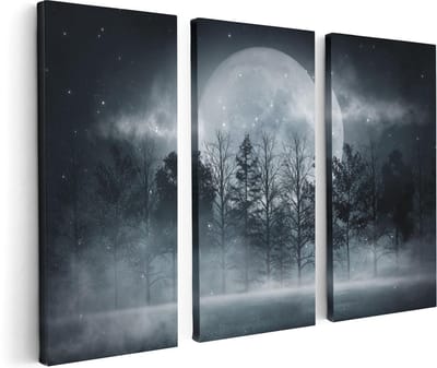Artaza Canvas Schilderij Drieluik Maan tussen de Bomen in de Nacht - 120x80 - Foto Op Canvas - Canvas Print