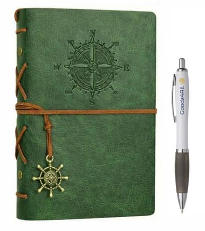 Goodz4All Vintage Lederen Notitieboek met Pen - Schetsboek Notebook - Travel Journal Refill Olijf - Reis Dagboek Retro met Blanco Papier Navulbaar A5
