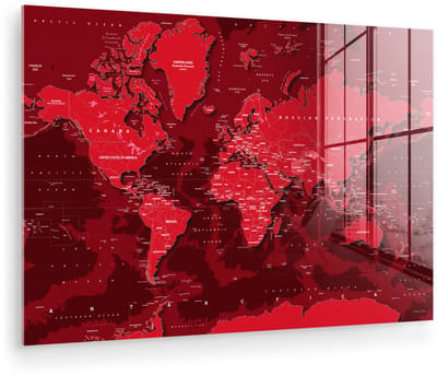 ® Glasschilderij 150x100 cm - Schilderij acrylglas - Wereldkaart - Stoer - Rood - Foto op glas - Muurdecoratie woonkamer - Wanddecoratie slaapkamer - Schilderijen