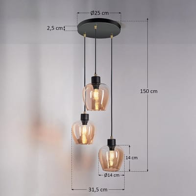 LumenXL - Design mat zwarte - zandgouden hanglamp - amber glas 3-lichts - Stockton