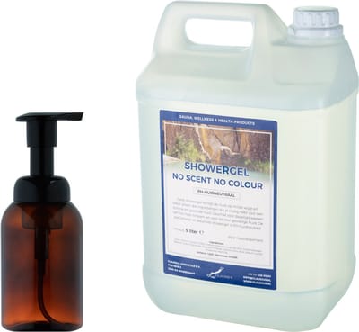 Zeepdispenser 300 ml amber bruin hervulbaar + 5 liter Showergel No Scent No Colour navulling