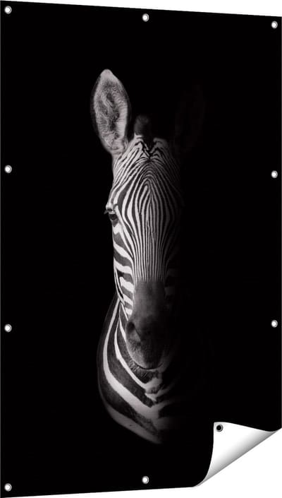 Gards Tuinposter Halve Zebra - Zwart Wit - 80x120 cm - Tuindoek - Tuindecoratie - Wanddecoratie buiten - Tuinschilderij