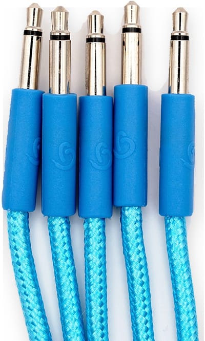 Bowl Modular Slim Gevlochten Patchkabels 15 cm – Extra Dunne Connectoren – Blauw – 5 Stuks – Eurorack / Modular Synthesizer – 3,5 mm Mono Jack