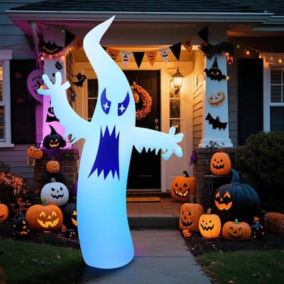 Opblaasbare Geest - Halloween Decoratie Tuin - Buitenfeest Versieren - Ingebouwde LED Verlichting - 2.7 Meter Hoog - Wit