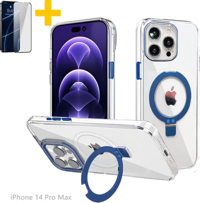 Hoesje voor iPhone 14 Pro Max, Compatibel met MagSafe, Magnetische Case met 360° Draaibare Standaard, Anti-Verkleuring Hoes, PC Lichtgewicht-Blauw - Screenprotector
