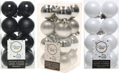 48x Stuks kunststof kerstballen mix zwart/zilver/wit 4 cm - Kleine kerstballetjes - Kerstboomversiering