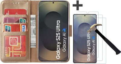 Hoesje met 3 Stuks Screenprotectors Geschikt voor Samsung Galaxy S25 Ultra – Arara bookcase met pasjeshouder - Goud