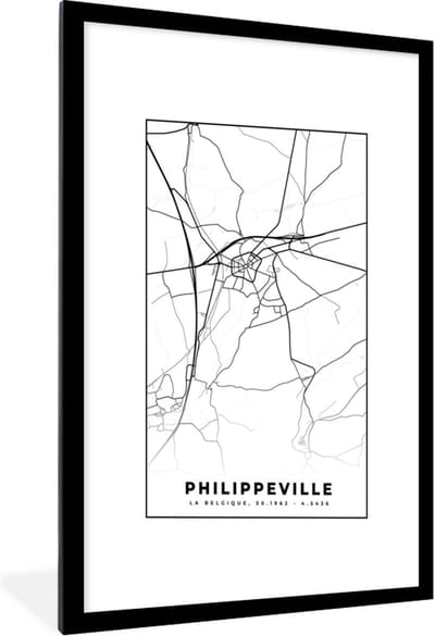 Fotolijst incl. Poster Zwart Wit- Zwart Wit – België – Plattegrond – Stadskaart – Kaart – Philippeville - 60x90 cm - Posterlijst