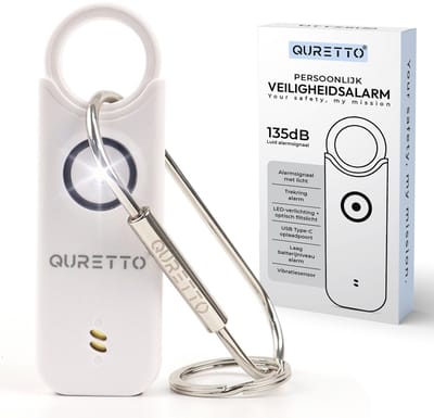 QURETTO® Persoonlijk Alarm 135 dB met Vibratiesensor – Inbraak- & Noodalarm – Veiligheidsalarm Sleutelhanger – Voor Vrouwen, Ouderen & Kinderen – Zelfverdediging & Wolvenverjager – USB-C Oplaadbaar met LED Zaklamp – Alarmknop